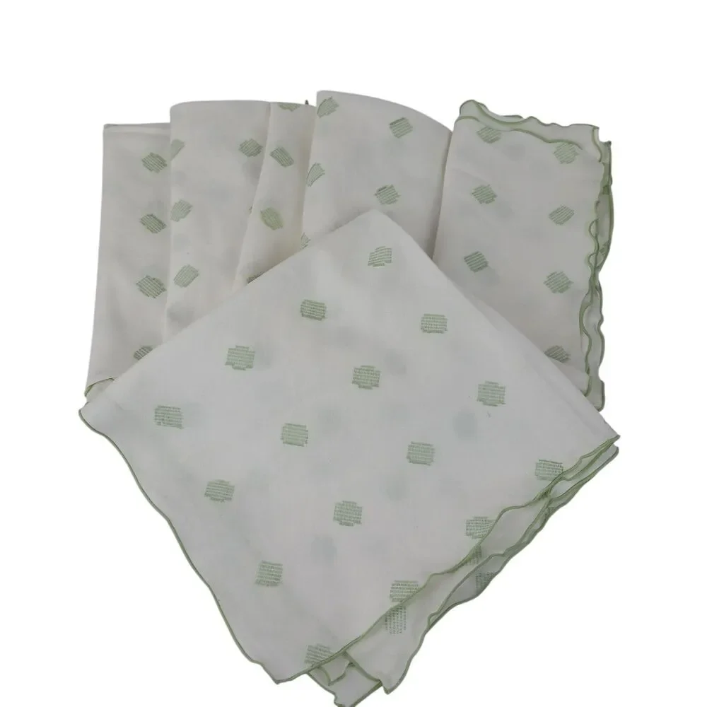 Set Of 6 White Mint Green Linen Embroidered Napkins